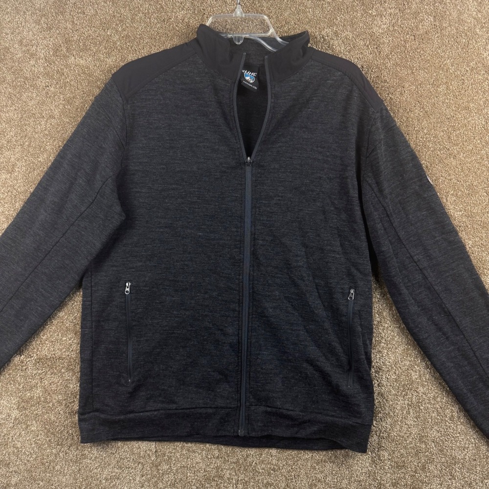 KUHL Mens Merino Wool Full Zip Jacket Charcoal Heather Large Mock Neck Outdoor